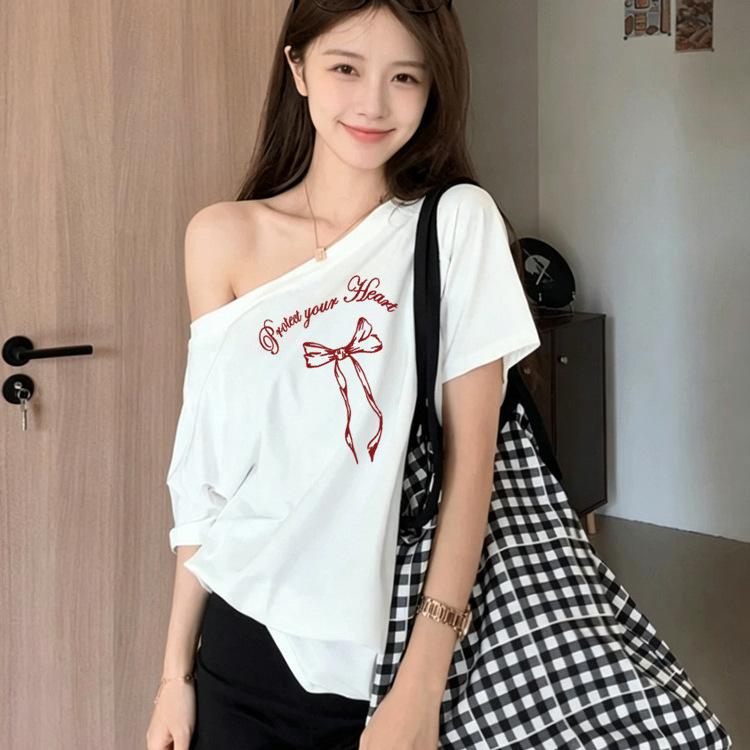 Korean Ins Bow Design White Slanted Shoulder Off-shoulder Short-sleeved T-shirt Women's Summer New Casual Loose Top