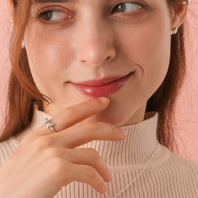 BELLOOGGI Sweet bow ring Natural white topaz butterfly ribbon ring