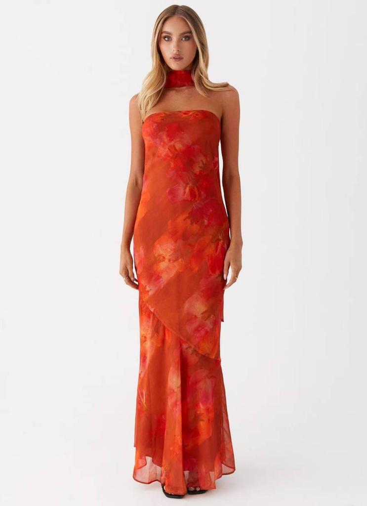 Maxi Abito in Chiffon Floreale Francese con Zip per Vacanze Estive al Mare