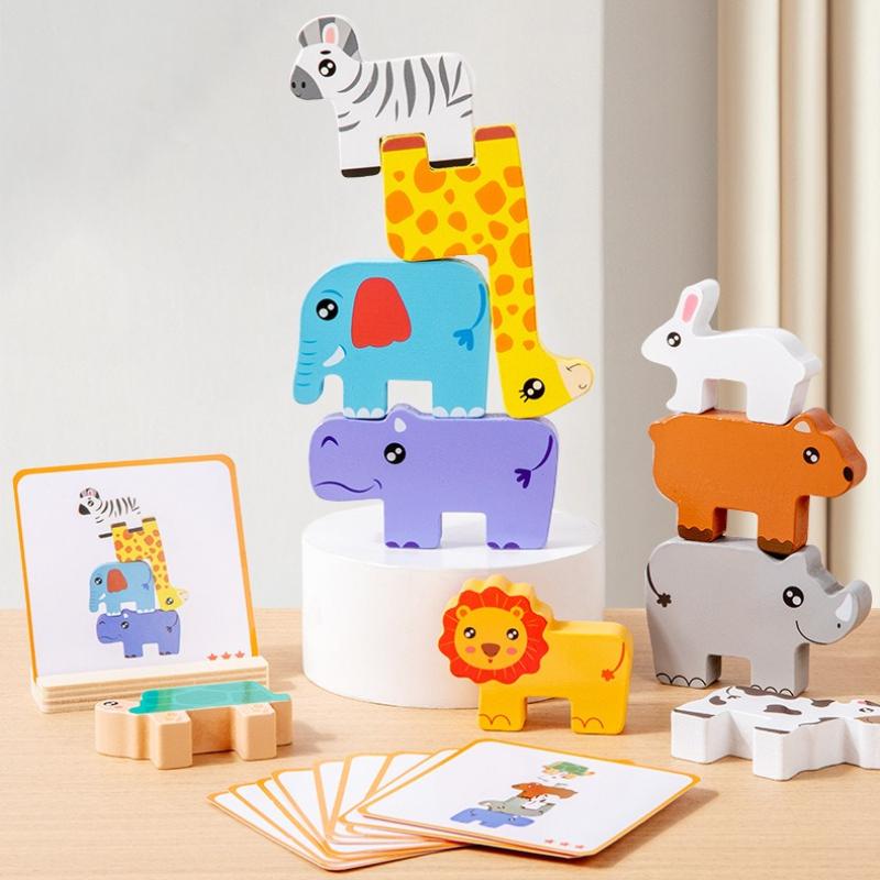 Montessori Educational Building Blocks Toys Kids Cognitive Early Learning Balance Stacking Block Game Wooden Forest Animals Set