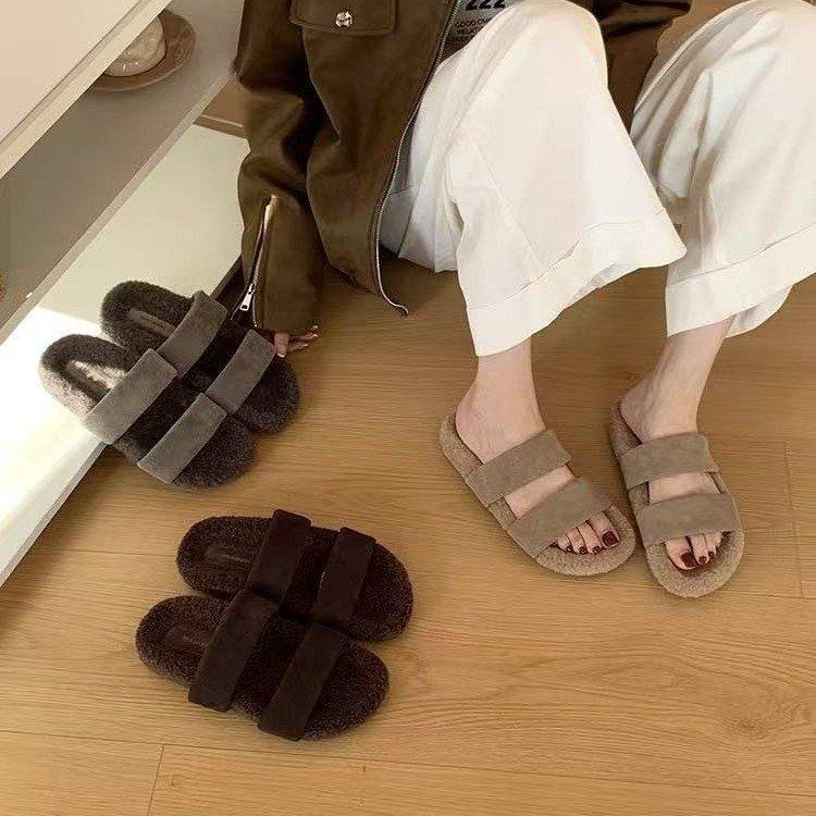 Cowhide Version~ One-word with Fluffy Slippers for Women To Wear 2025 Autumn Retro Evening Breeze Thick-bottomed Versatile Lamb Wool Mop