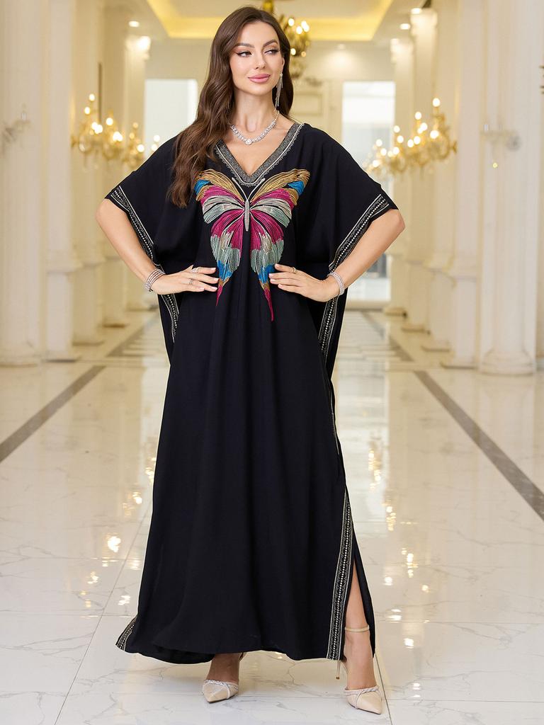 Womens Elegant Embroidered Butterfly Kaftan Dress V-Neck Side Slits Loose Fit Long Maxi Gown for Evening Parties Casual Chic Q1779-4160