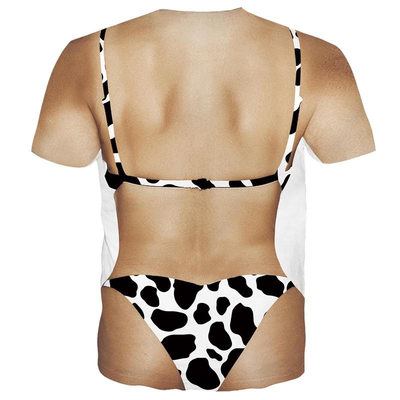 Ladies' bikini 3D printed fun T-shirt, men's oversized short sleeved T-shirt, creative printed casual T-shirt and round neck