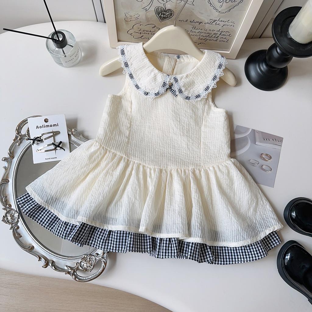 Girls Summer Sleeveless Plaid Princess Dress With Lace Collar And Ruffle Trim Casual Vest Sundress For Kids