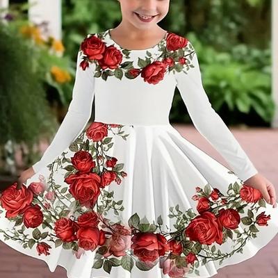 Vestido de princesa para niña, informal, con estampado 3D, cuello redondo y manga larga