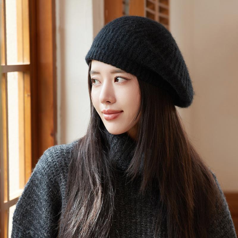 Korean Autumn and Winter Hat for Women Rabbit Wool Knitted Warm Wool Hat Solid Color Versatile Beret Literary Retro Painter Hat
