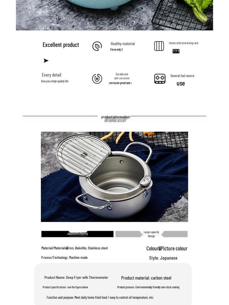 Haushalts-Temperaturkontrollierte Japanische Tempura-Fritteuse - Mini Kohlenstoffstahl, Induktionskochfeld-kompatibel.