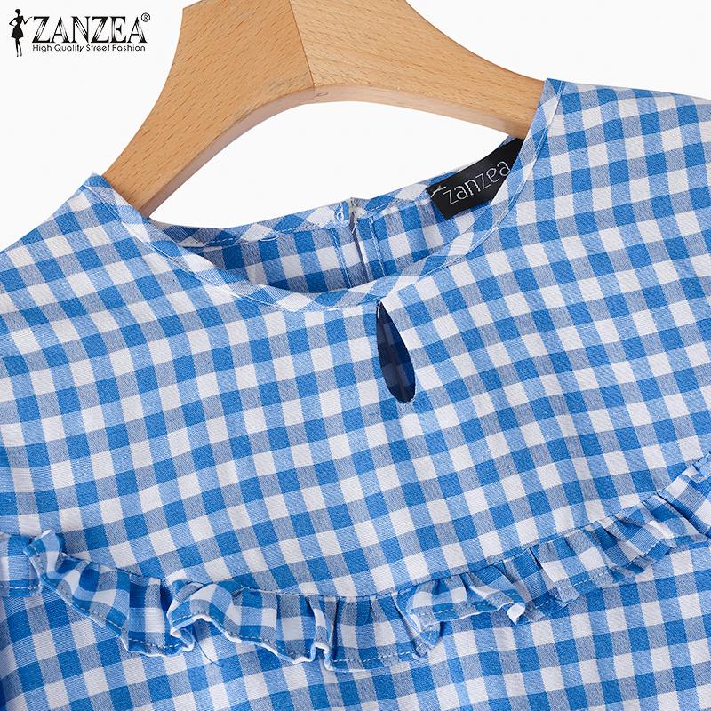 ZANZEA Women Summer Round Neck 3/4 Sleeve Plaid Blouses