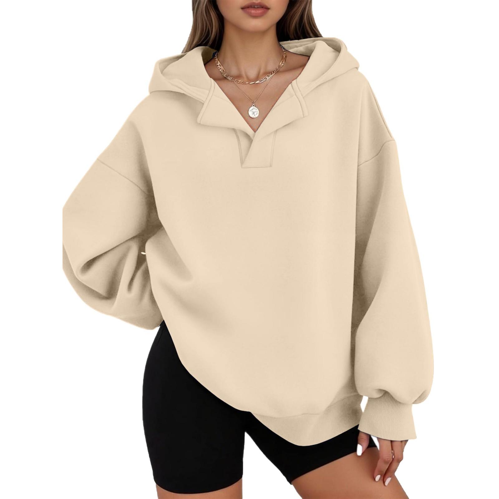 

Women s Casual V-neck Pullover Long-sleeve Solid Color Fleece-lined Hooded Sweatshirt Top L бежевый