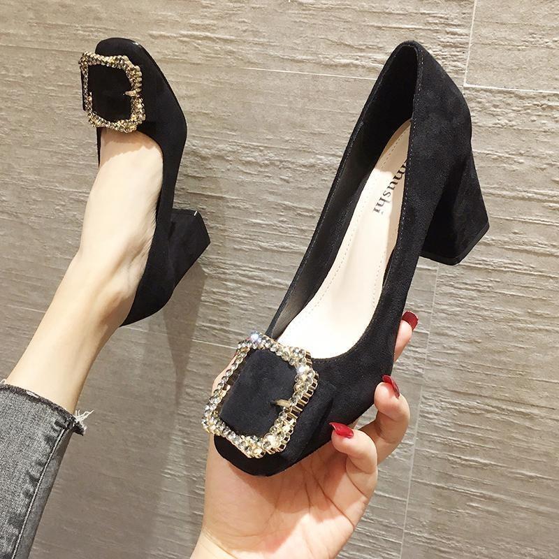 Black high heels women's thick heel new versatile professional square head rhinestone square buckle women's shoes spring and autumn single shoes women