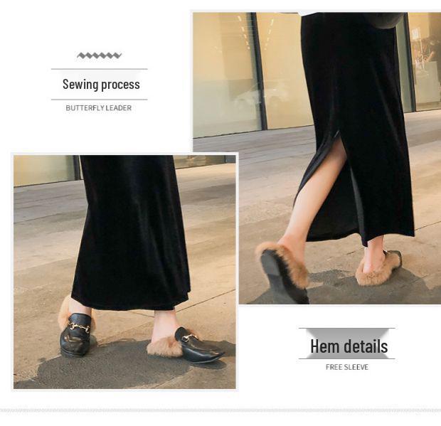 Retro Herbst/Winter Schwarzer Samt High Waist Midi Rock mit Schlitz - Schlanke Bodycon Passform