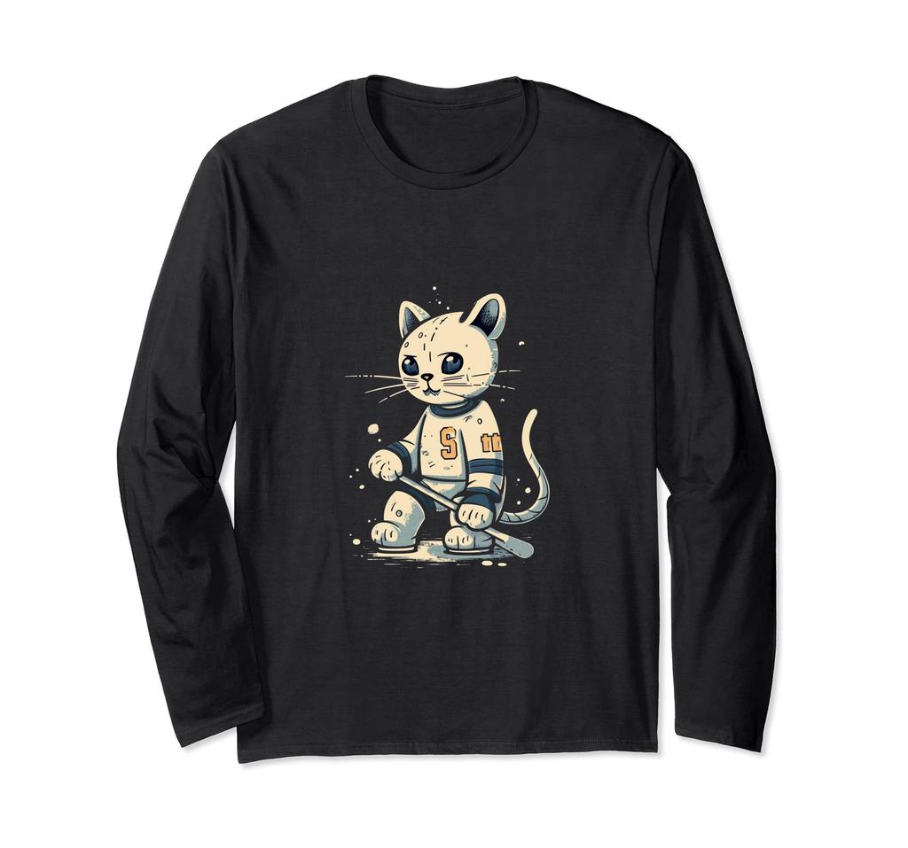 Cat Playing Ice Hockey, Player/Coach, Team Sports, Cat Lover Long Sleeve T-Shirt