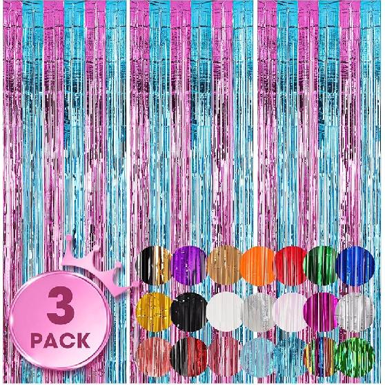3 Pack 3.3x8.2 Feet Gold Foil Fringe Backdrop Curtains, Tinsel Streamers, Fringe Backdrop for 2025 New Years Eve, Graduation, Birthday, Baby Shower,