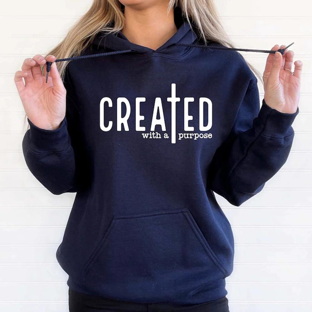 Created with A Purpose Hoodie Faith Hoodies Bible Saying Mikina s kapucí Unisex svetr s dlouhým rukávem Křesťanské mikiny Topy