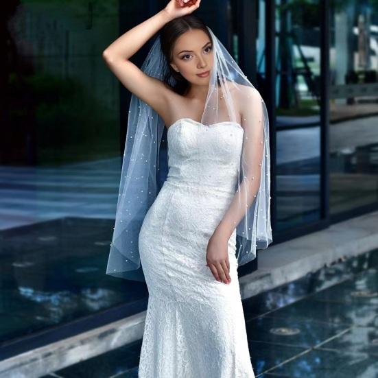 Bridal Veil with Faux Pearls Embellishment Women Lightweight Breathable Tulle Bride Veil Lightweight Short