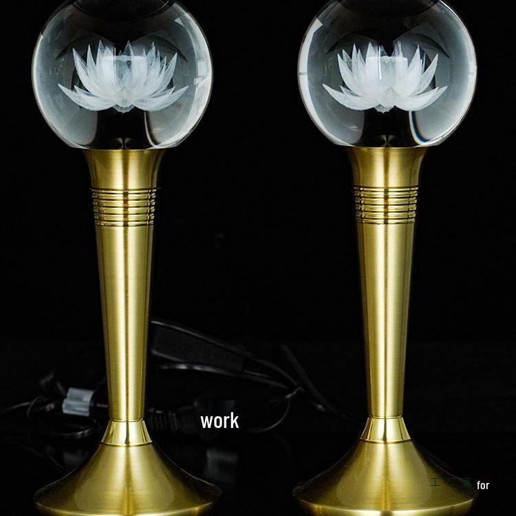 Copper LED Crystal Lotus Multi-Color Buddha Offering Lamp for Home Worship