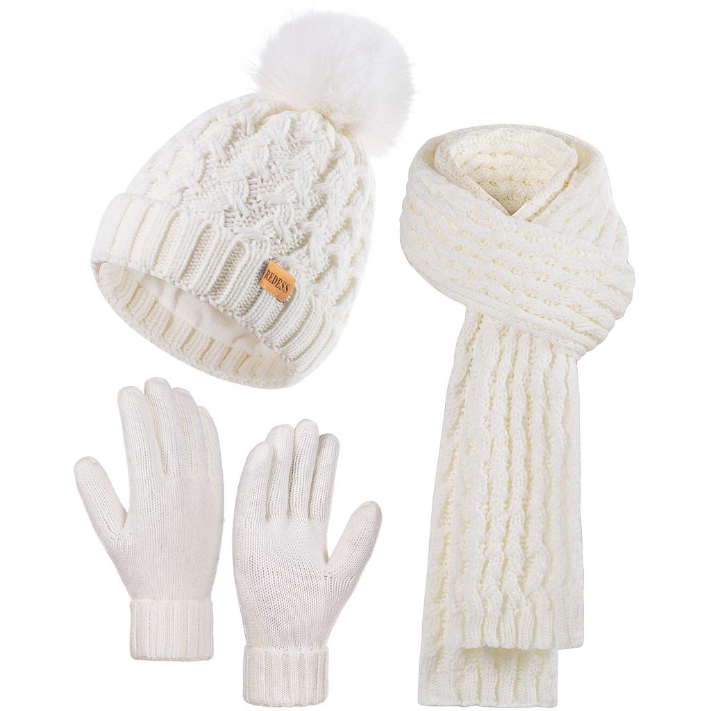 Winter women's knitted wool ball cap, thick long scarf, elastic gloves, three-piece set, casual and warm, suitable for winter