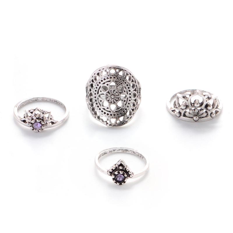 Bohemian Retro Gemstone Ring Exaggerated Hollow Totem Four-Piece Ring