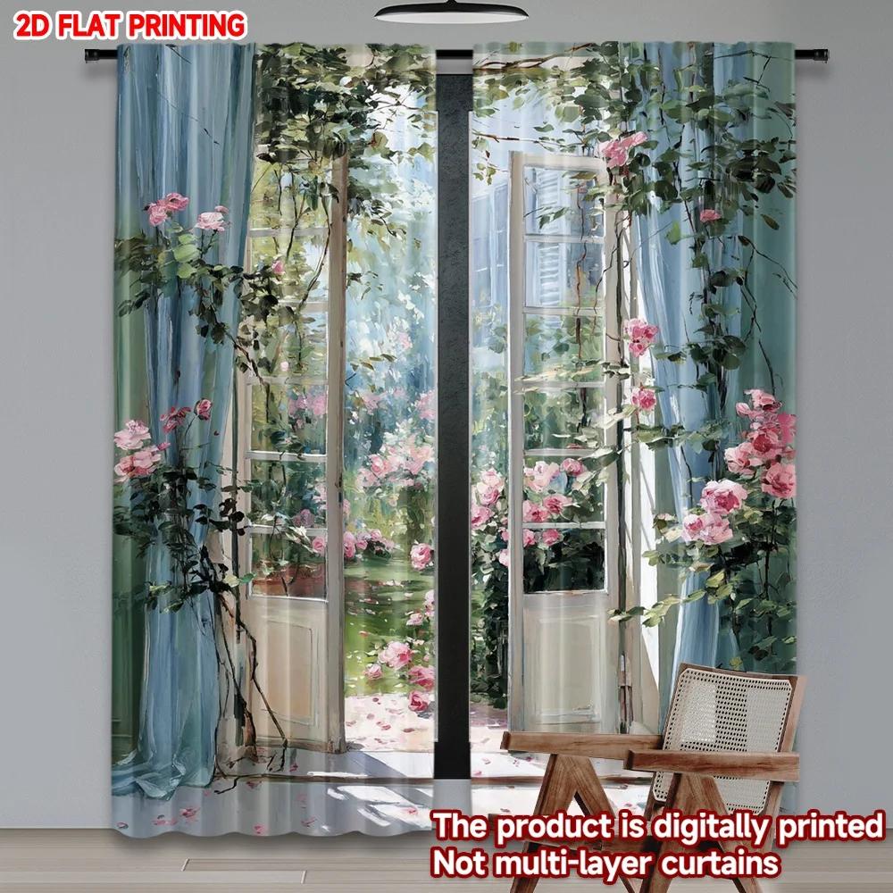Pink Floral Vine Curtains Digital Printing Delicate Blossoms Green Leaves Fabric Bedroom Living Room Decor Light Filtering Set Of 2 Made Polyester