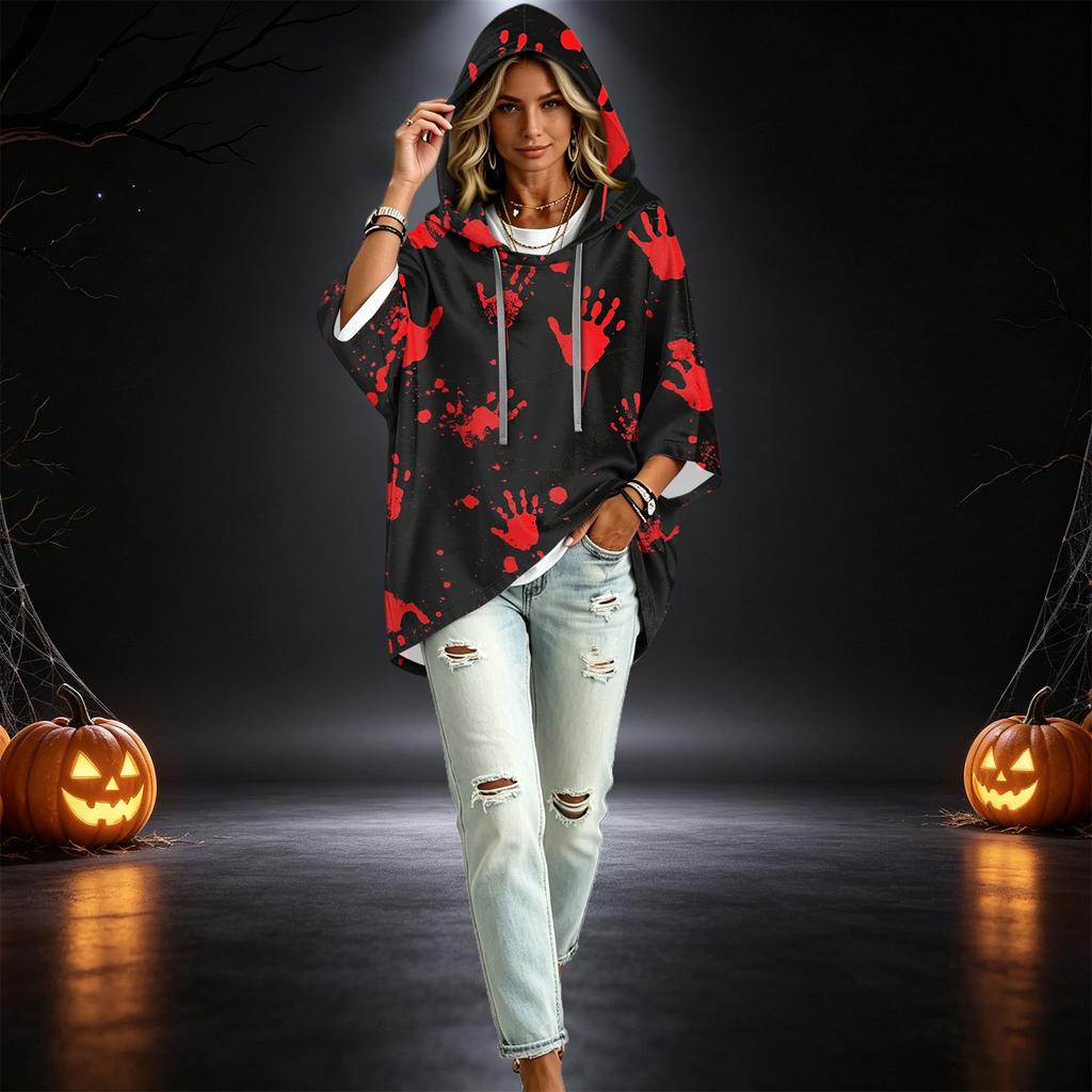 Women's Halloween Printed Hoodie 3/4 Sleeve Pullover Casual Tunic for Party