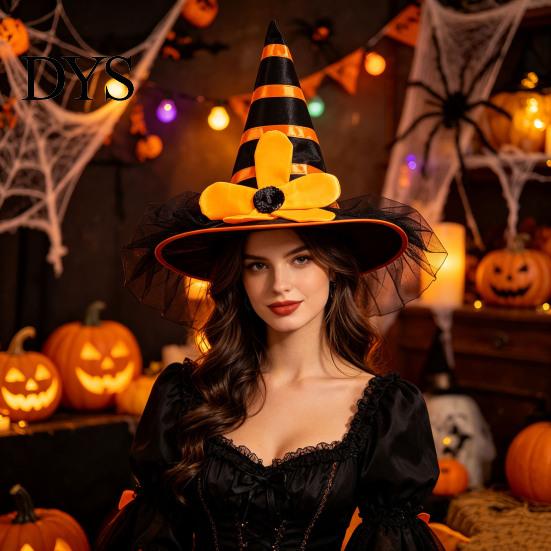 Soft Playful Witch Hat Halloween for Women Girls, Large Striped Wizard Costume with Flower Accessories, Cosplay, Party Festive Parties