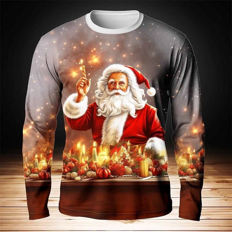 Christmas Men's Santa Claus Graphic Long Sleeve T Shirt Crew Neck Casual Tee Shirt New In Sports Tshirts For Men