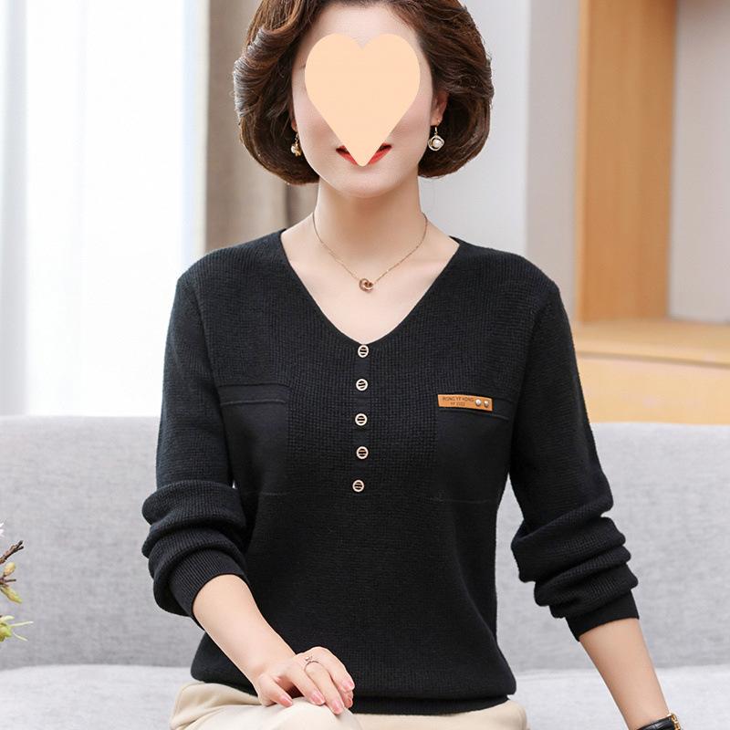 Thin Knit Sweater Women Fashion Collar Middle Age Ladies Long Sleeve Base Layer Top