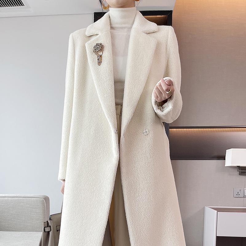 

Women’s Versatile Mid-Length White Suri Alpaca Cashmere Wool Coat for Winter 2024 M