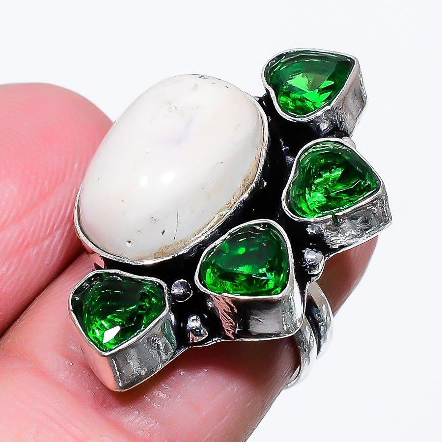 

Кольцо из стерлингового серебра 925 пробы с натуральным радужным лунным камнем и диопсидом S.6.5 g6t24