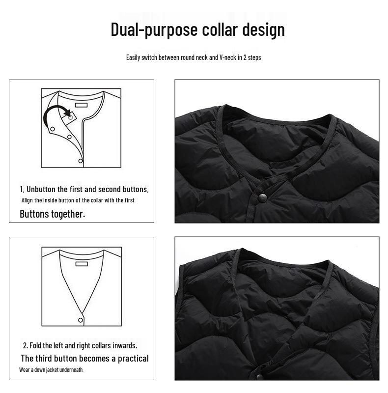 High-Quality Round Neck Wave Pattern Down Vest - 90% Down, Two-Way Style, Inspired by Major Outdoor Brands