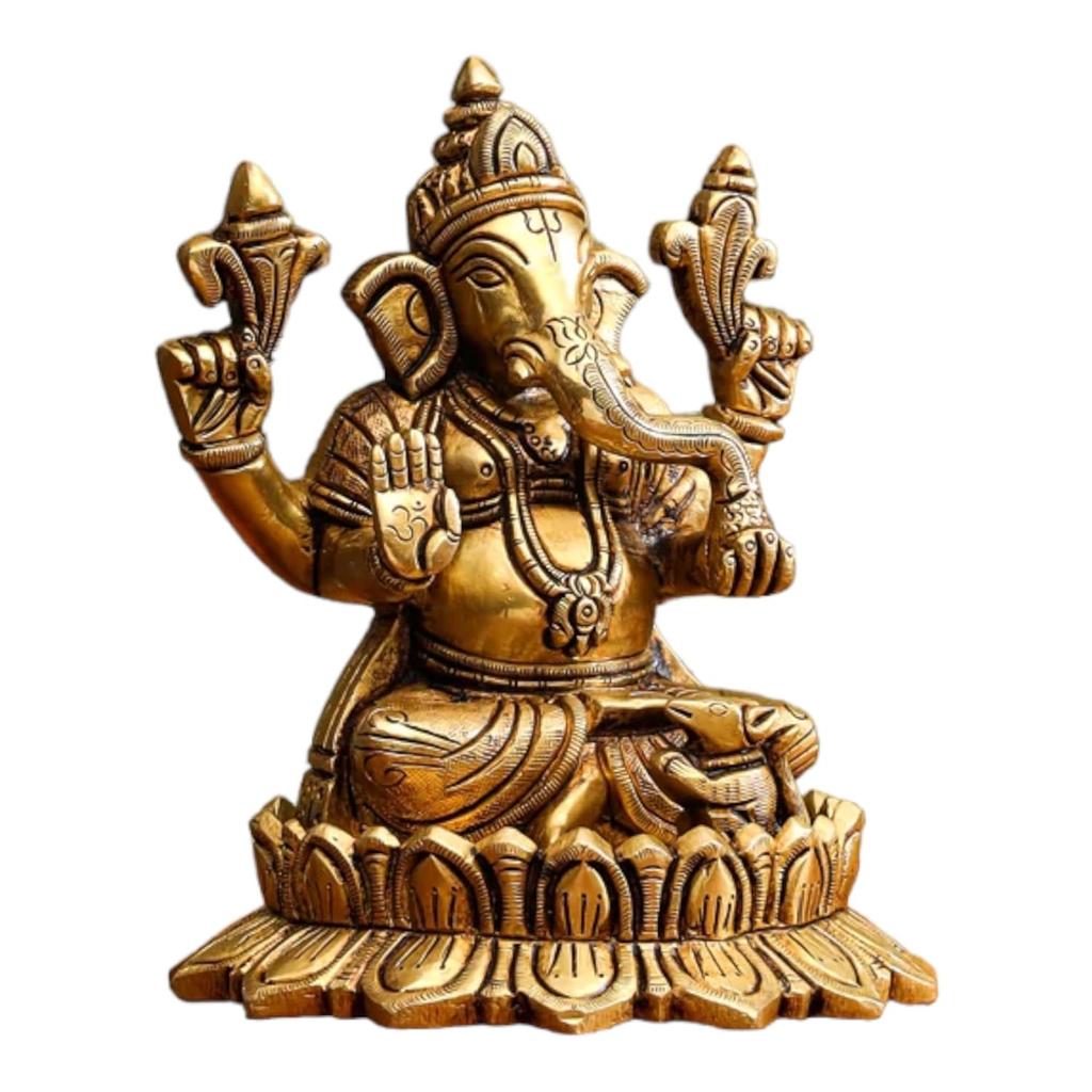 Ashtadhatu Shri Ganesh Idol, Lord Ganesh Bhagwan Sitting On Lotus - 6 Inch