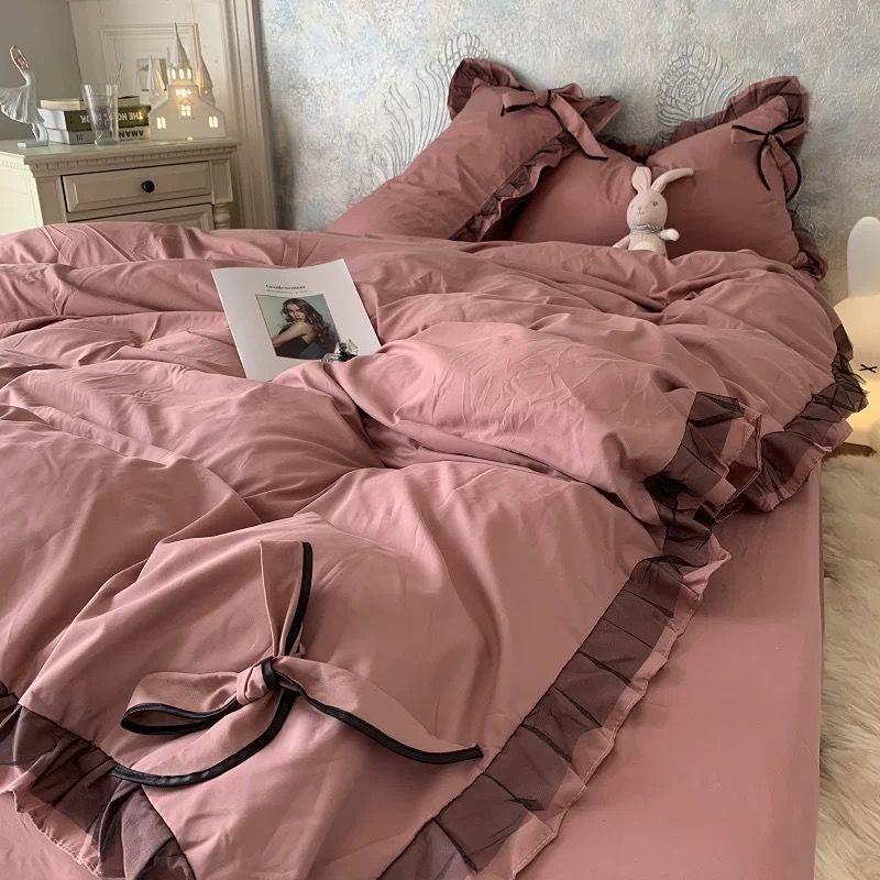 Nordic Grey White Quilt Cover Korean Prinsess Bow Girl Bedding Sets Simple Solid Color Bedclothes Decor Bedroom