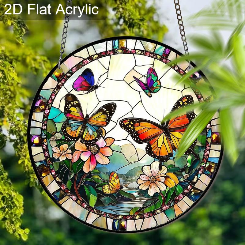 Acrylic Colorful Butterflies and Flowers Suncatcher, Stained Glass Style Window Hanging Ornament for Nature and Garden Lovers