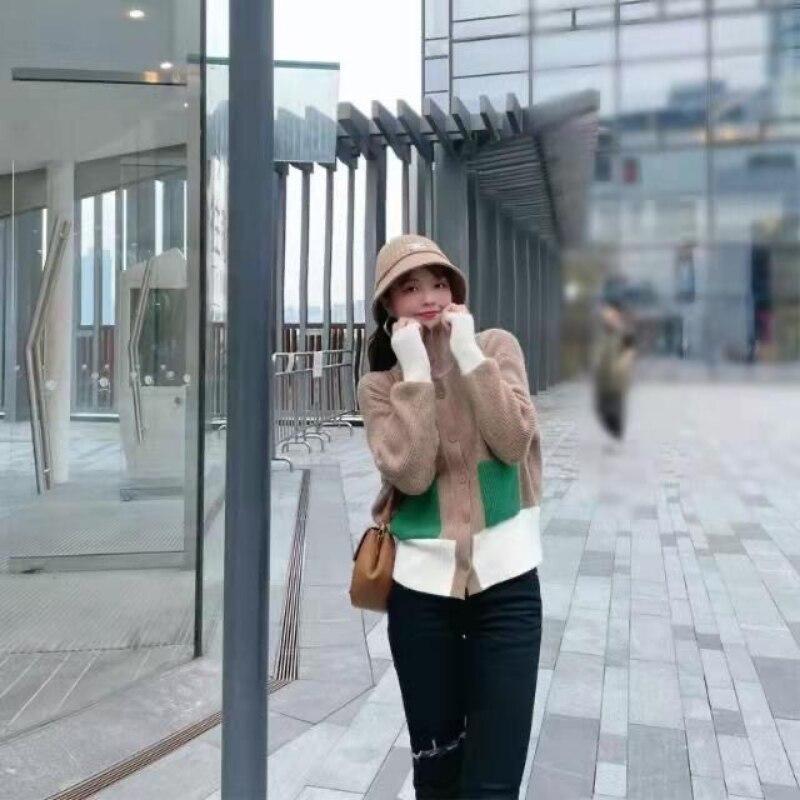 

Корейский кардиган свитер Осень и Зима 2022 дизайн цвет контрастный свитер Женщины стоят воротник короткий трикотаж