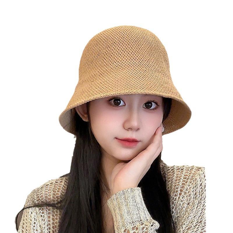 Women's woven hollow straw hat, Japanese-style plain bucket hat, summer outdoor beach vacation sunshade and sun protection hat