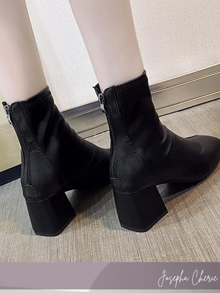 Short Boots with Back Zip Platform Sock Genuine Low Boot Large [Josepha Cherie] Women's - Knee-High Boots, Boots, Boots, Leather, Waterproof, Black,