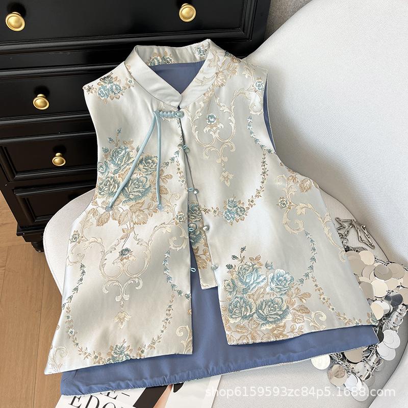 Real shot retro small round neck disc button jacquard embroidered top vest cardigan women