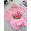 European Sizes Girls' Cute Watermelon Print T-Shirt - Summer Short Sleeve & Top with Pink Heart & Fruit Slice Design,