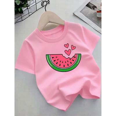 Europäische Größen Niedliches Wassermelonen-Print-T-Shirt für Mädchen - Sommer Kurzarm & Oberteil mit Rosa Herz & Fruchtscheiben-Design,
