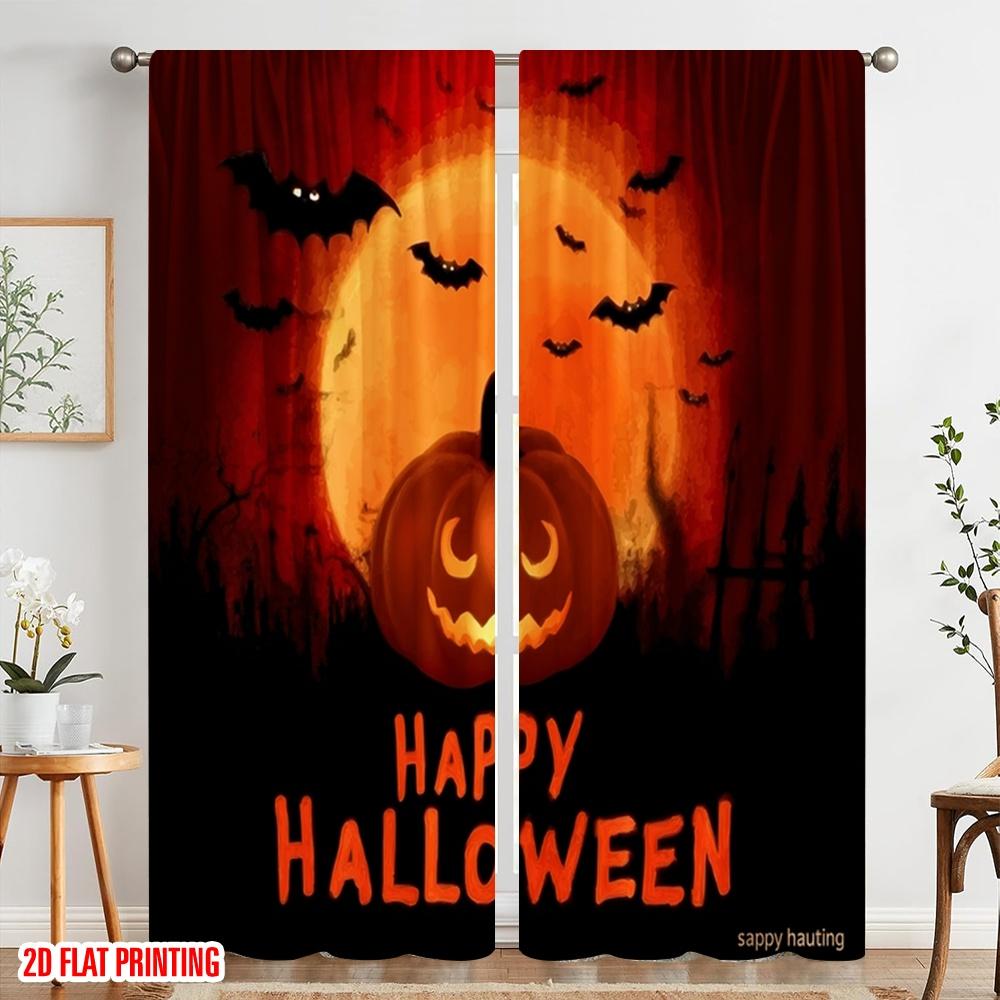 2pcs,2D Plane Printing Print Curtains A Variety of Halloween Pumpkin Durable 100% Polyester Fabric (without Rod) Decorations For