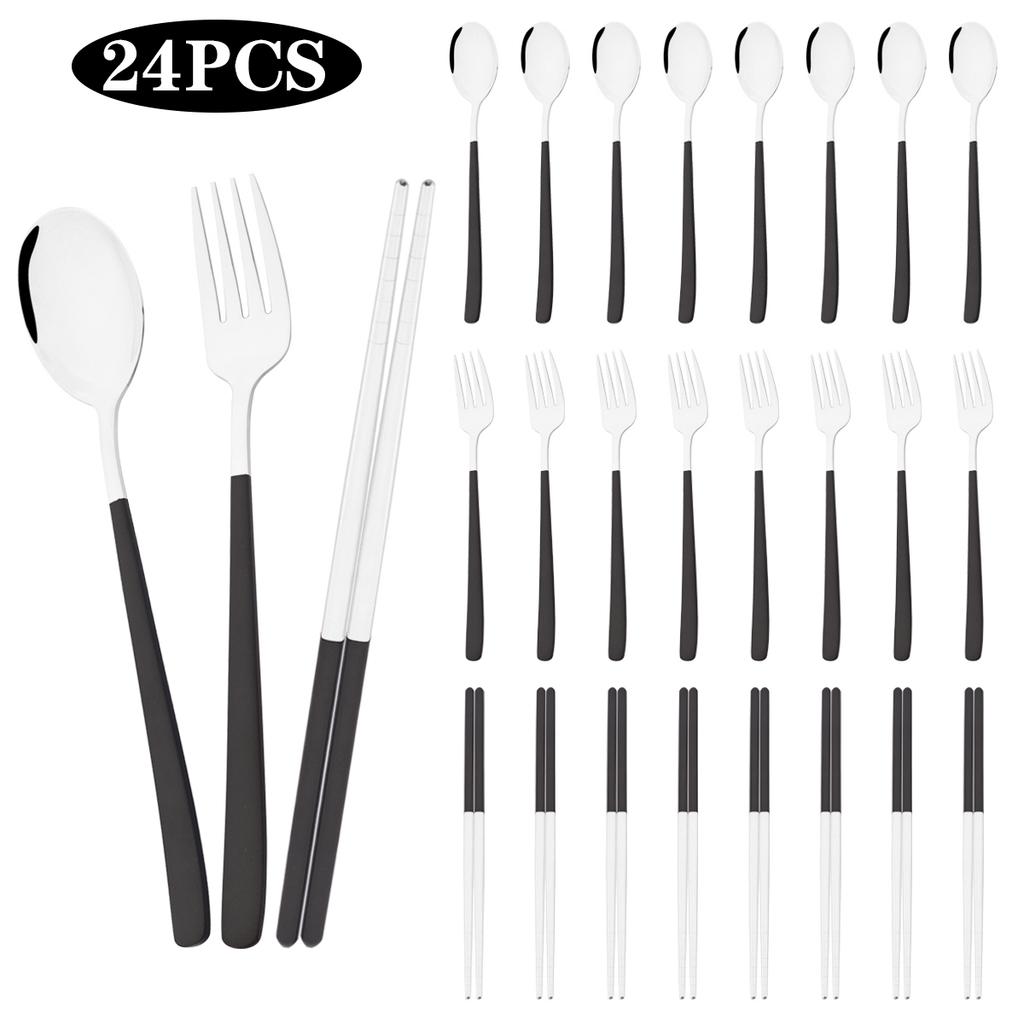 24pcs Black Gold Dinnerware Fork Spoon Chopsticks Cutlery Set Mirror Stainless Steel Flatware Western Party Kitchen Tableware