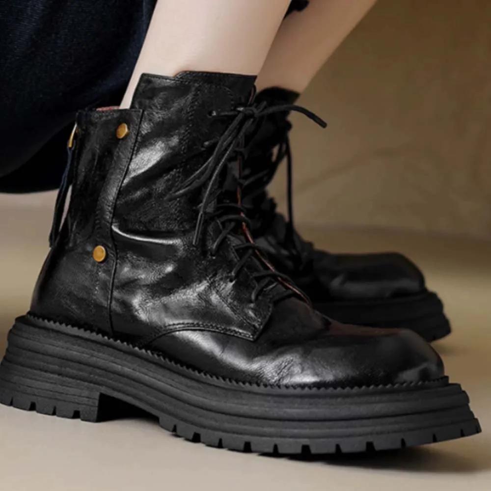 

Fashion 2025 New Lace up Women s Boots Spring Autumn Round Head Solid Color Middle Heel Waterproof Commuting British Boots 39 чёрный