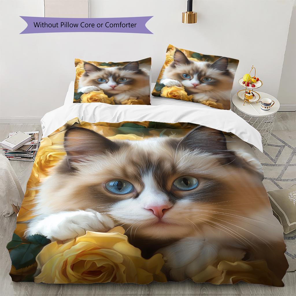 Ragdoll Cat and Rose Pattern Bedding Home Decoration Birthday Gift (1 * Duvet Cover + 2 * Pillowcase, Without Core)