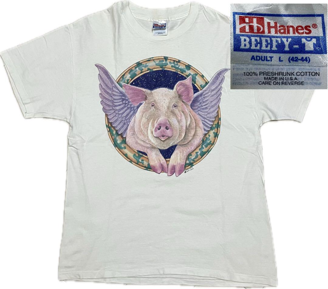 

[Б/У] Футболка Hanes Beefy-T 90-х годов, размер L, свинья, ИСКУССТВО, винтаж