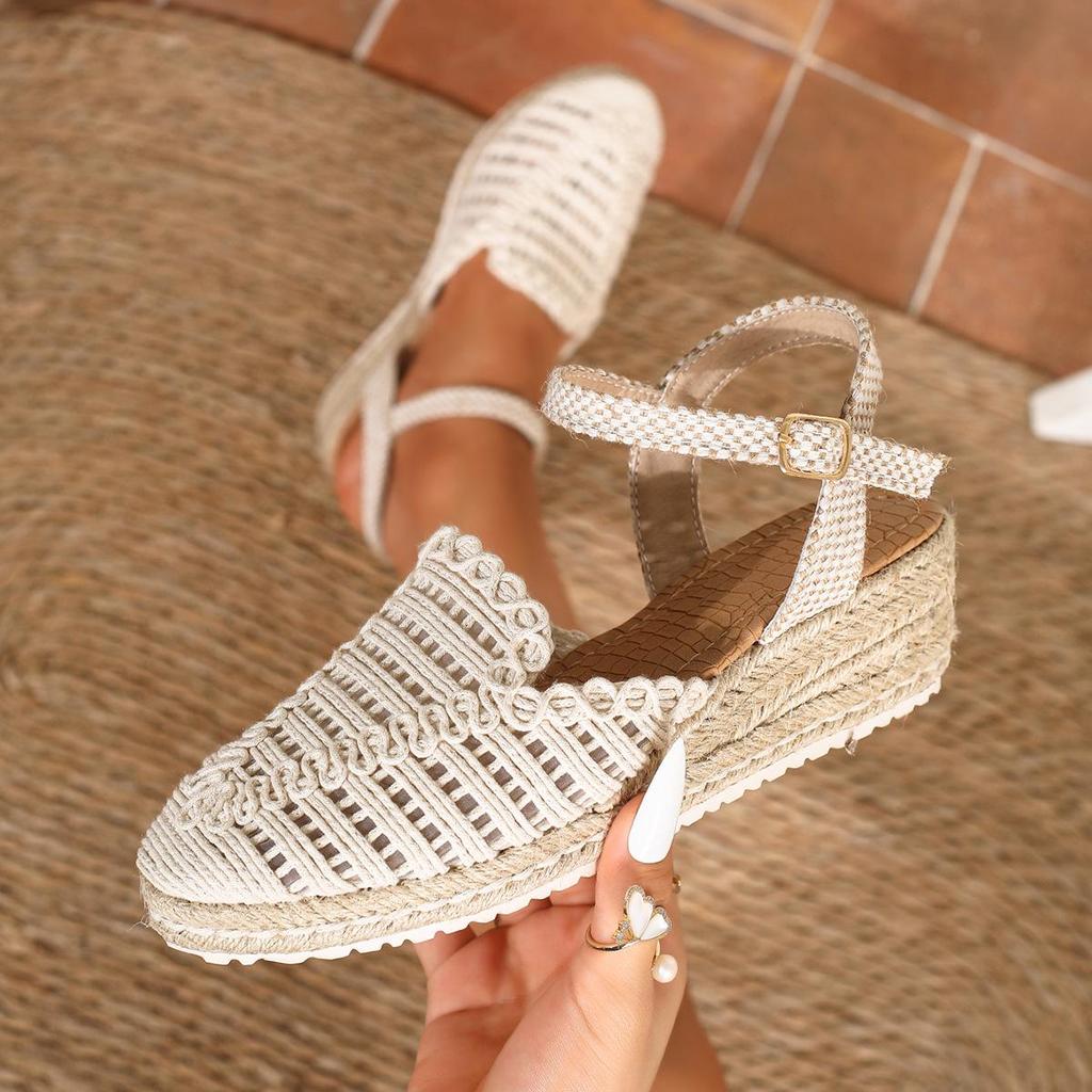 Spring Roman-Style Wedge Sandals - Round Toe, Thick Sole, PU Finish