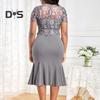 Women Plus Size Embroidery Lace Splice Dress O neck Short Sleeve High Waist Hip Wrapped Fishtail Gown Dress