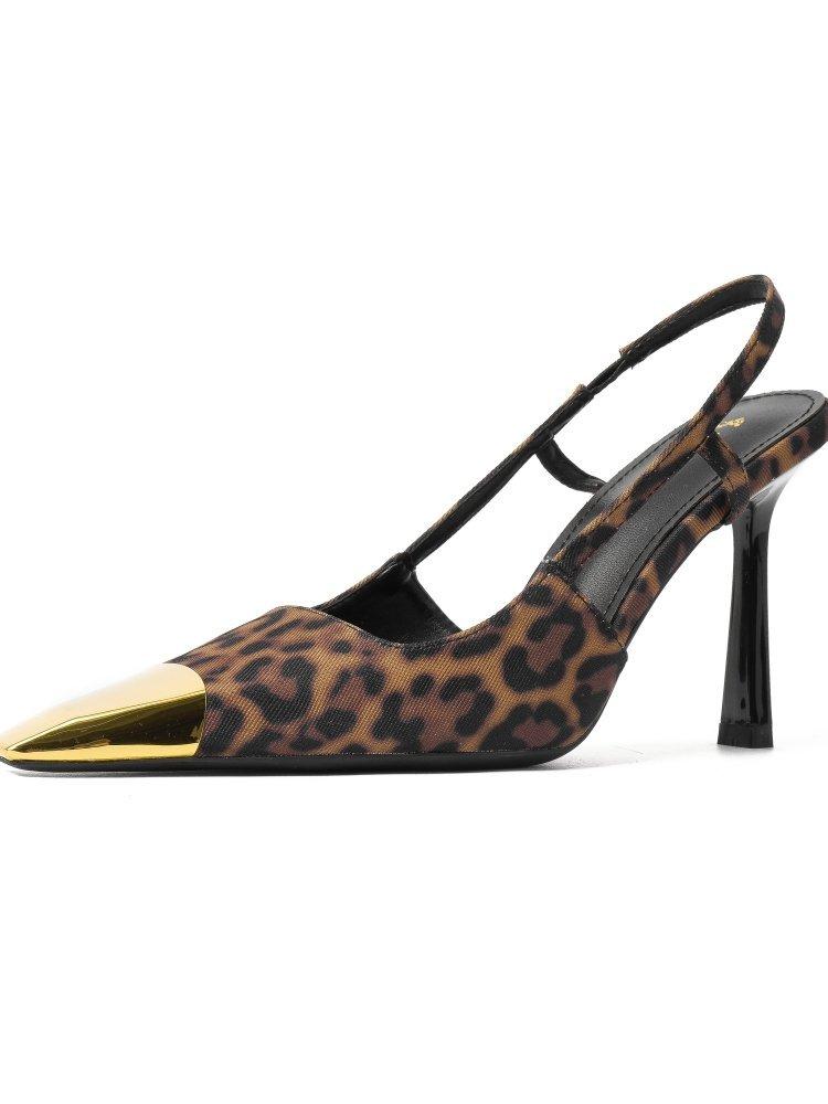 Fashion Designer Metal Toe Women Sandals Sexy Leopard Print Slingbacks Sandal Pointed Toe Thin High Heeled Sandals Party Dress Sandalias