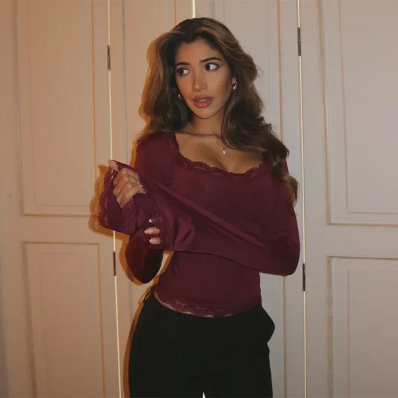 2025 Spring/Summer European & American Style Women's Sexy Slim Lace Long Sleeve Top