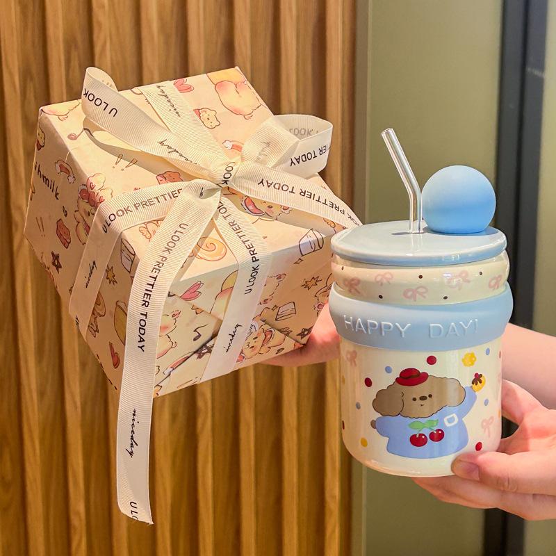 Graduation Gift for Boys and Girls, High-value Mug, Cute Puppy Straw Cup, Children's Practical Souvenir Gift Box