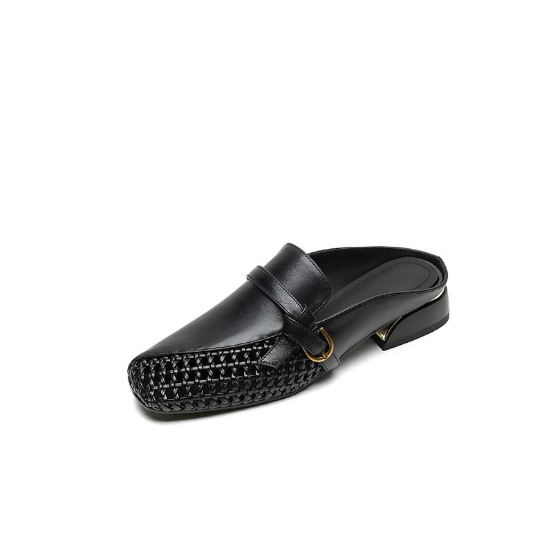 Fashion NEW Summer Women Mules Genuine Leather Shoes for Women Square Toe Chunky Heel Shoes Cover Toe Slingback Sandals Weave Slippers